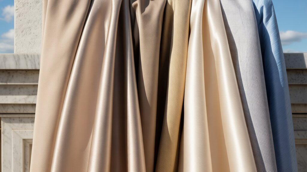 Close-up comparison of high-quality dress fabrics including silk, crepe, and structured cotton textures
