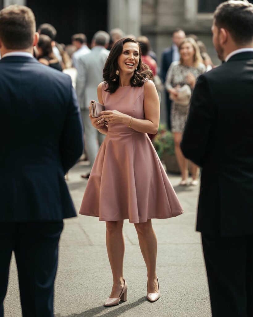 Elegant wedding guest in dusty rose fit-and-flare dress standing in church courtyard with clutch purse