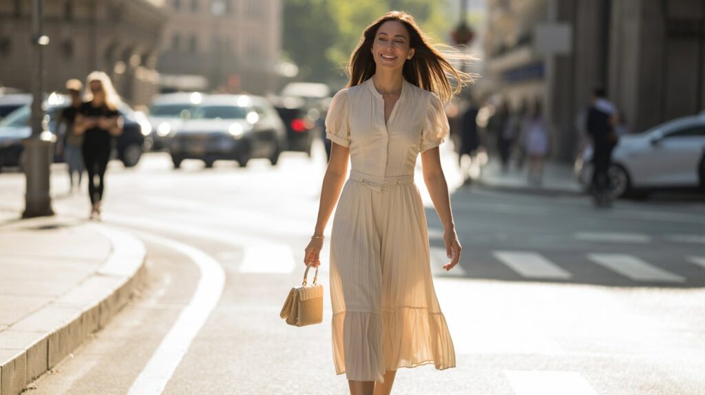 Woman in cream midi dress walking confidently in sunlight