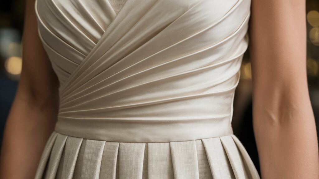 Close-up of silk and linen fabric textures on elegant dresses