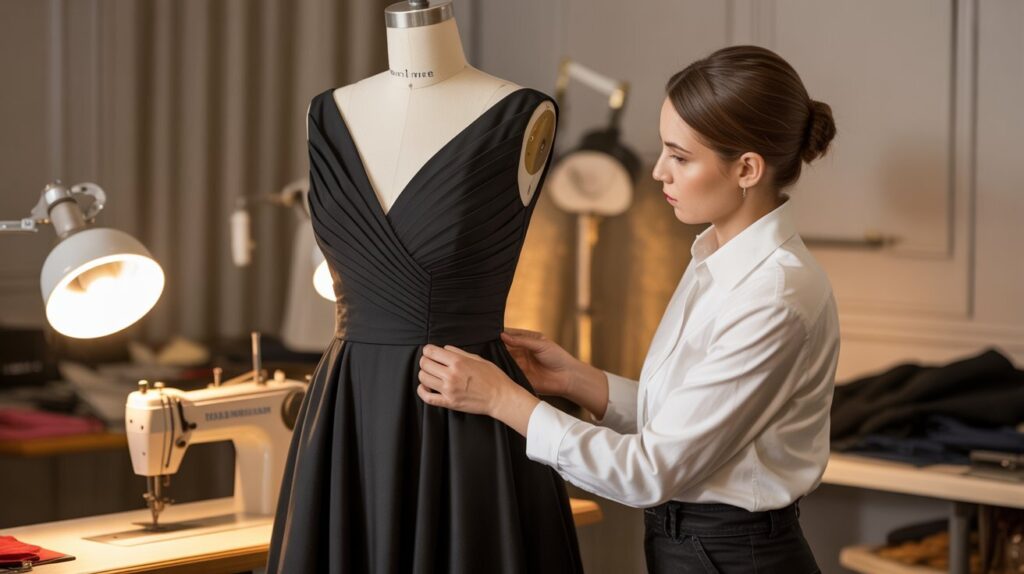 Tailor adjusting black elegant dress in fashion studio