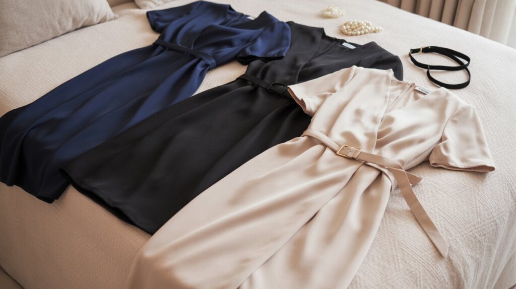 Flat lay of navy, black, and cream elegant dresses on bedspread