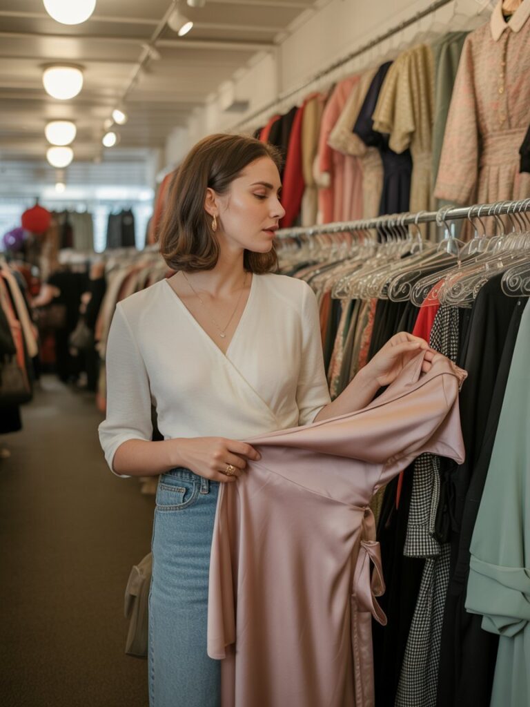 Woman shopping for elegant dresses in thrift boutique