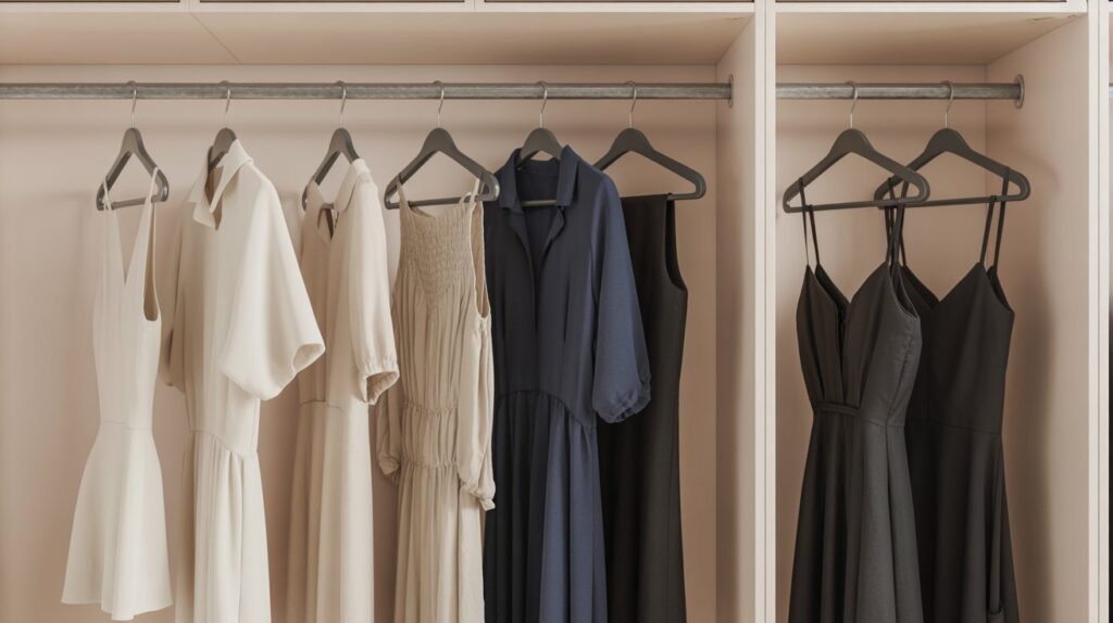 Elegant dresses hanging on padded hangers in organized closet
