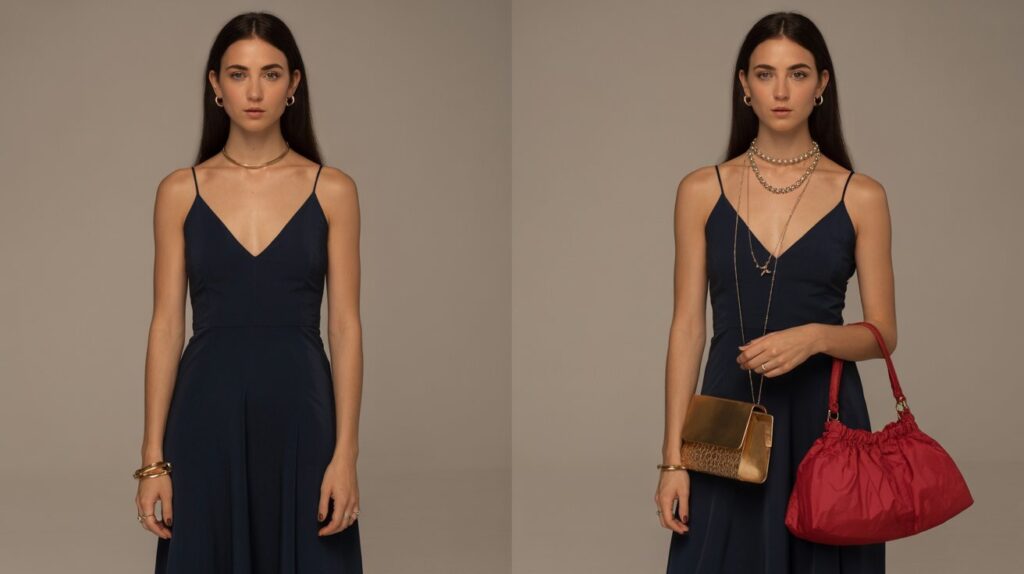 Comparison of minimal elegant style vs over-accessorized outfit
