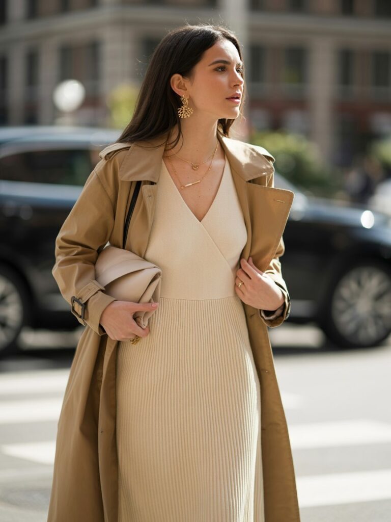 Woman styling cream midi dress with gold earrings and trench coat