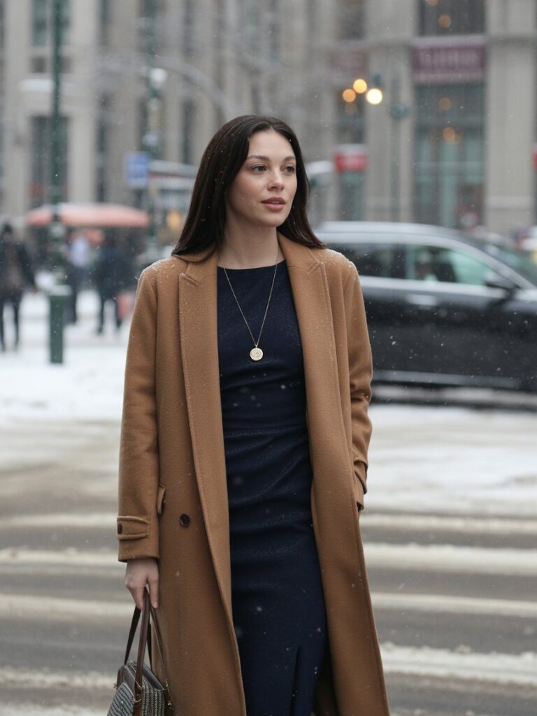 Woman layering camel coat over navy dress in snowy city street