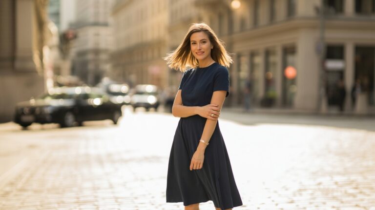 Elegant woman in navy midi dress on city street at golden hour