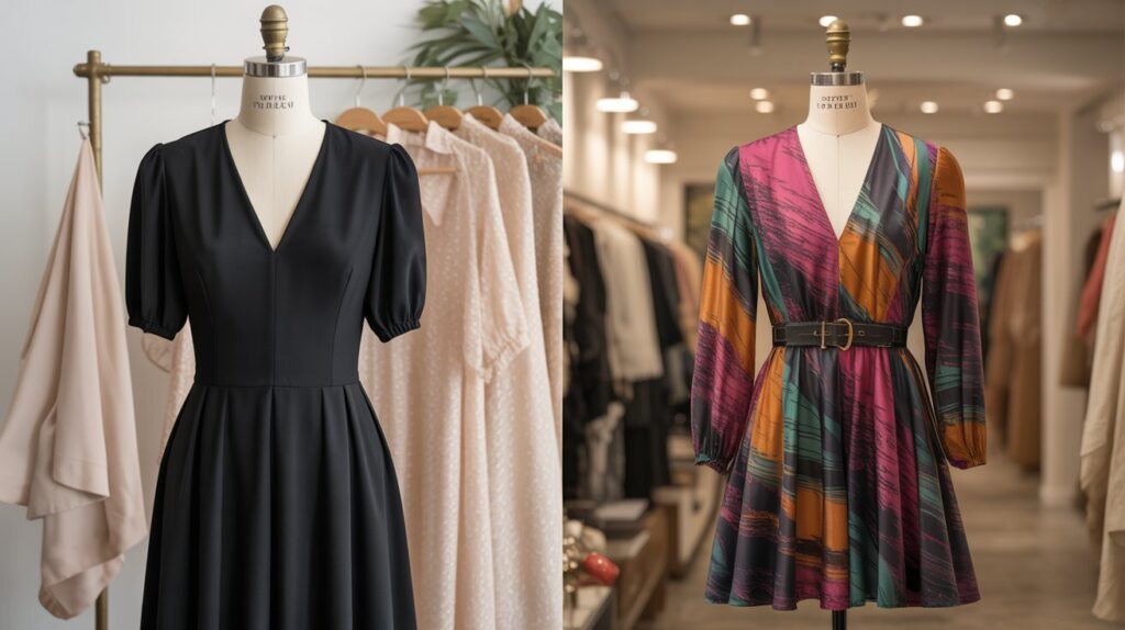 Comparison of classic little black dress vs trendy patterned dress in boutique