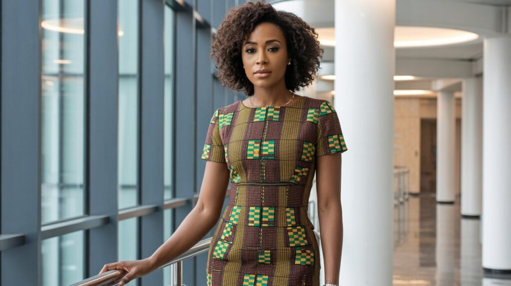 Businesswoman in fitted Kente sheath dress standing in office