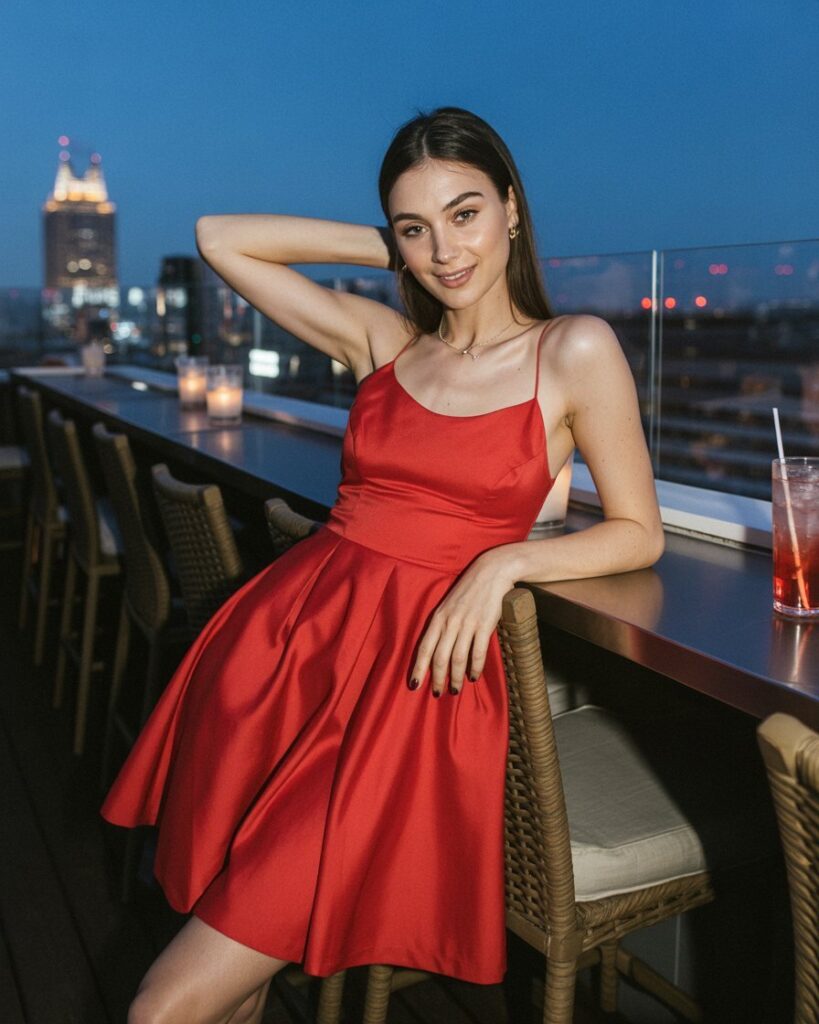 Stylish woman in a little red A-line dress at a rooftop cocktail bar
