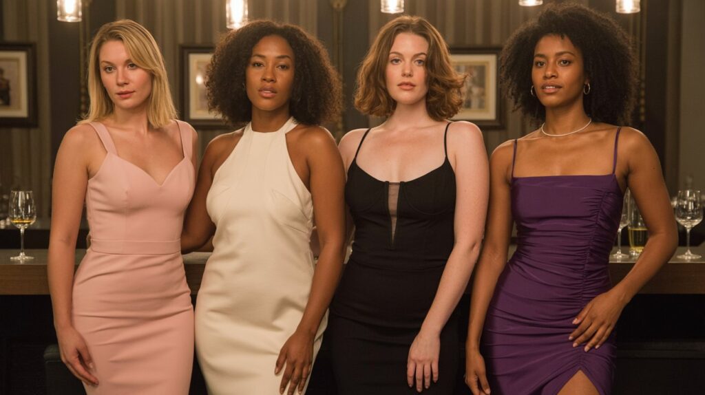 Diverse women with different body types in flattering party dresses