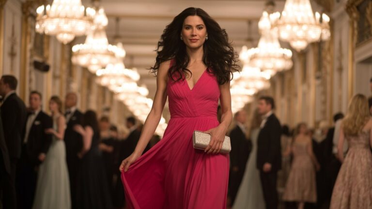 Stunning woman in a flowing red gown entering a glamorous ballroom