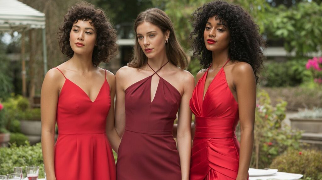 Women in scarlet, burgundy, and ruby red dresses at a garden party