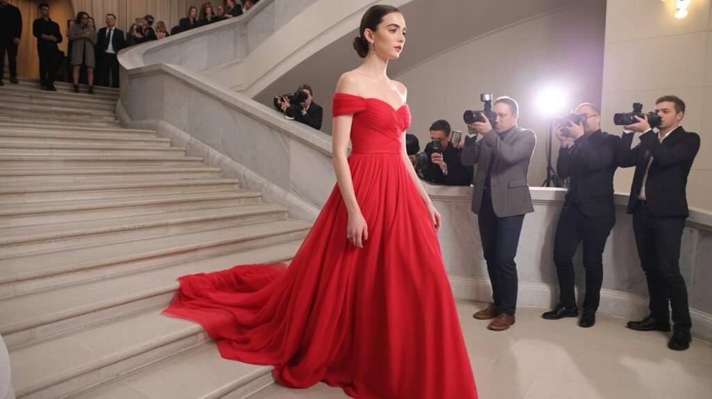 Woman in a dramatic red off-shoulder gown with a flowing train at a gala