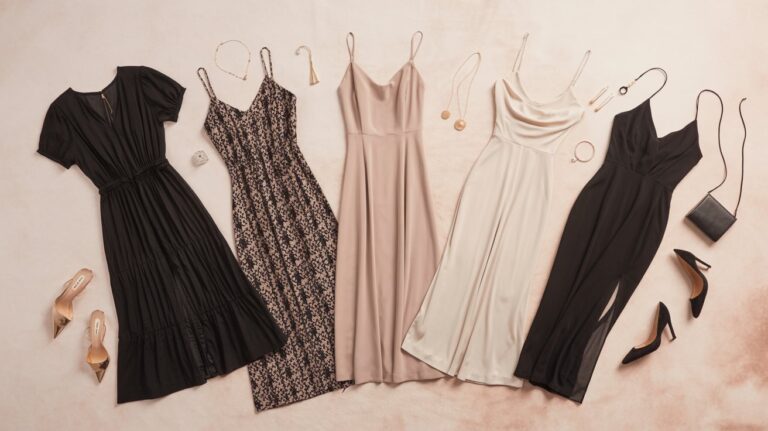 Flat lay of stylish party dresses in classic, boho, minimalist, and trendy styles with accessories