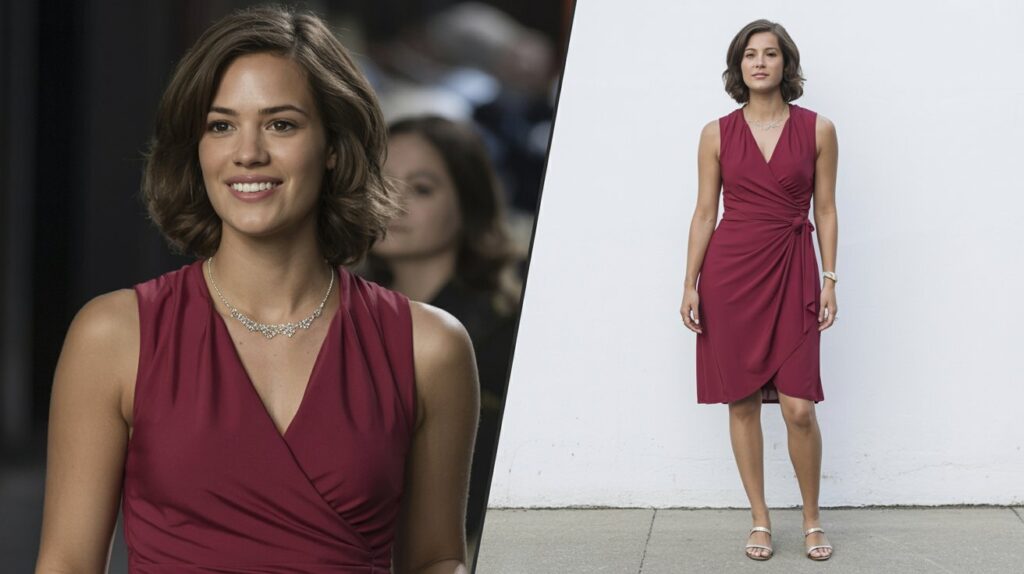 Split-screen showing burgundy wrap dress styled casual with flats and formal with heels and jewelry