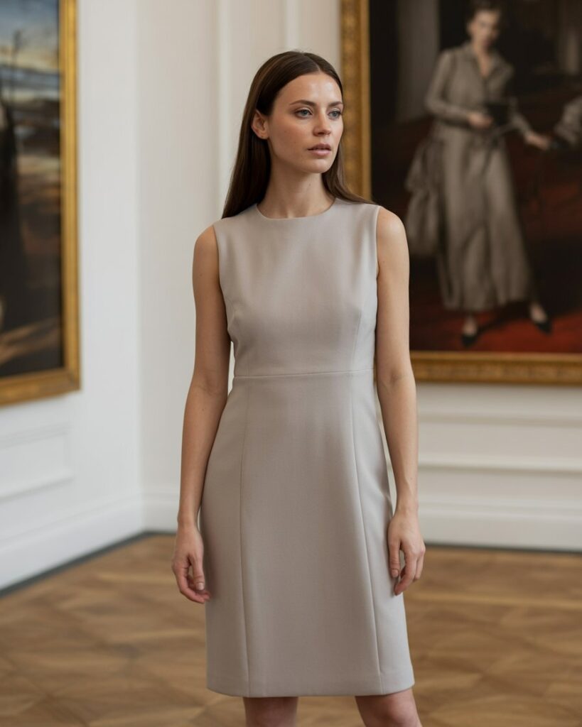 Woman in a beige wool crepe designer dress in an art gallery