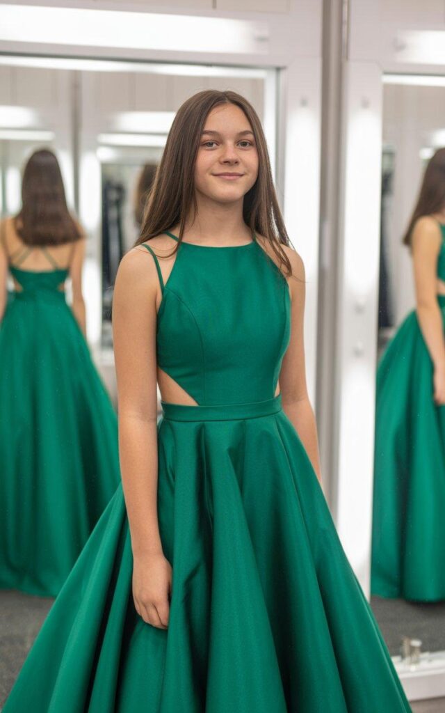 Elegant emerald A-line prom dress with cutout details on teen model in modern fitting room