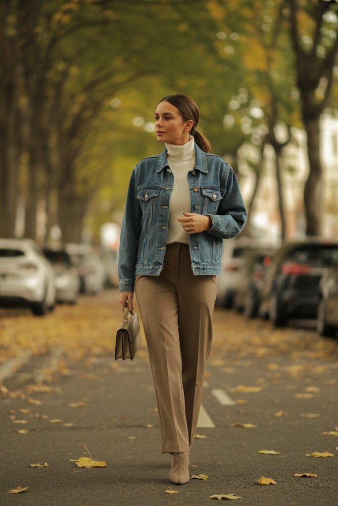 Autumn denim jacket layered over turtleneck sweater for sophisticated fall style