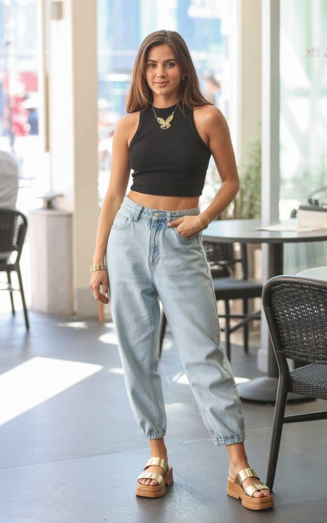 Summer baggy jeans outfit with fitted crop top and platform sandals in bright cafe setting