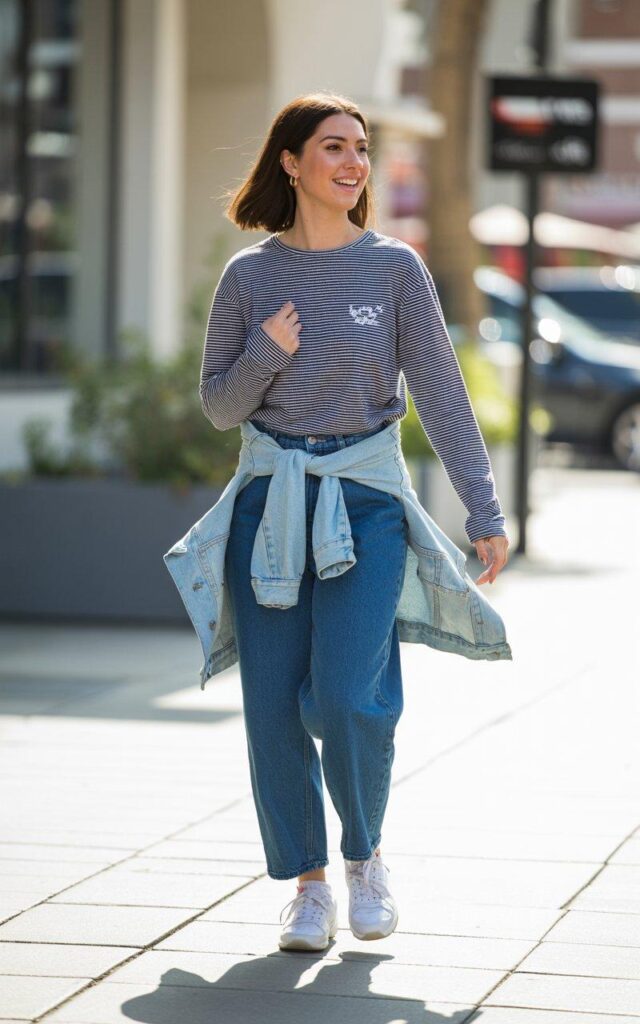 Baggy jeans outfit with striped tee and denim jacket showing pattern mixing on sunny sidewalk