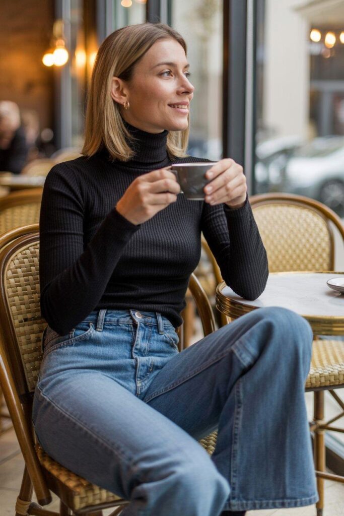 Woman in black turtleneck and medium wash jeans at cozy Parisian café with coffee