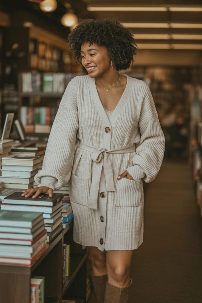 Cream cardigan styled as dress with belt and knee-high boots for cozy fall look