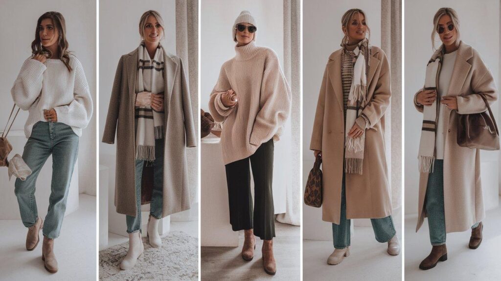 Collage of casual winter fashion outfits styled with coats, boots, and scarves