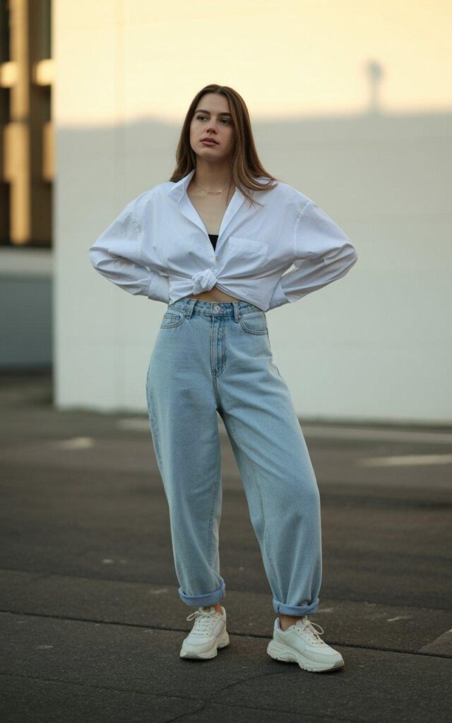 Woman in classic baggy jeans outfit with oversized white shirt and chunky sneakers in natural lighting