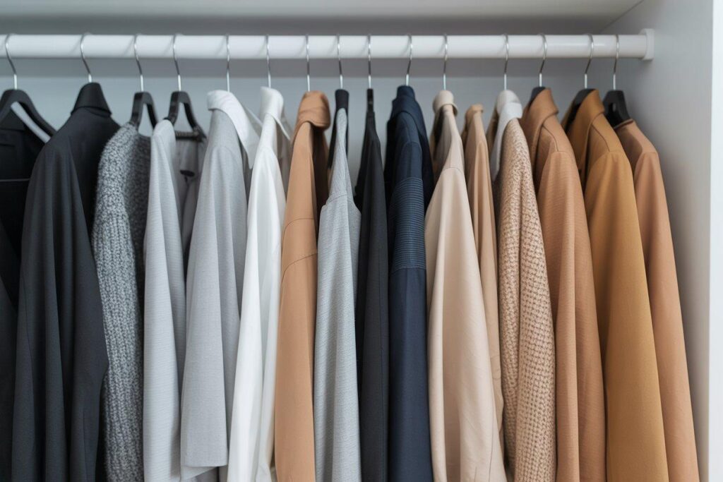 Organized closet section with clothes arranged by color palette in neutral tones and navy