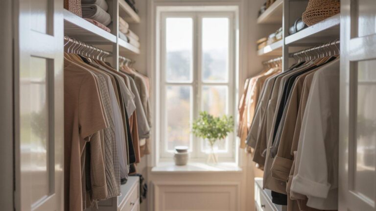 Organized minimalist closet with neutral clothes neatly arranged on white hangers in bright natural light