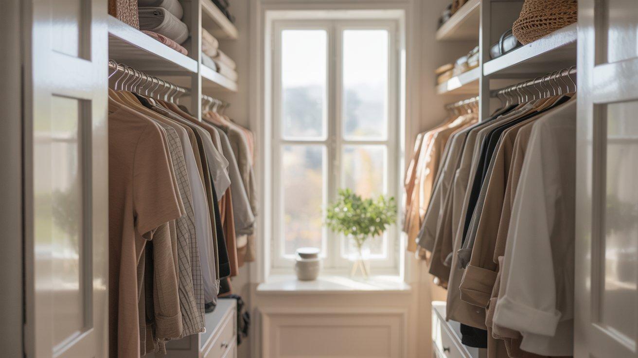 Organized minimalist closet with neutral clothes neatly arranged on white hangers in bright natural light