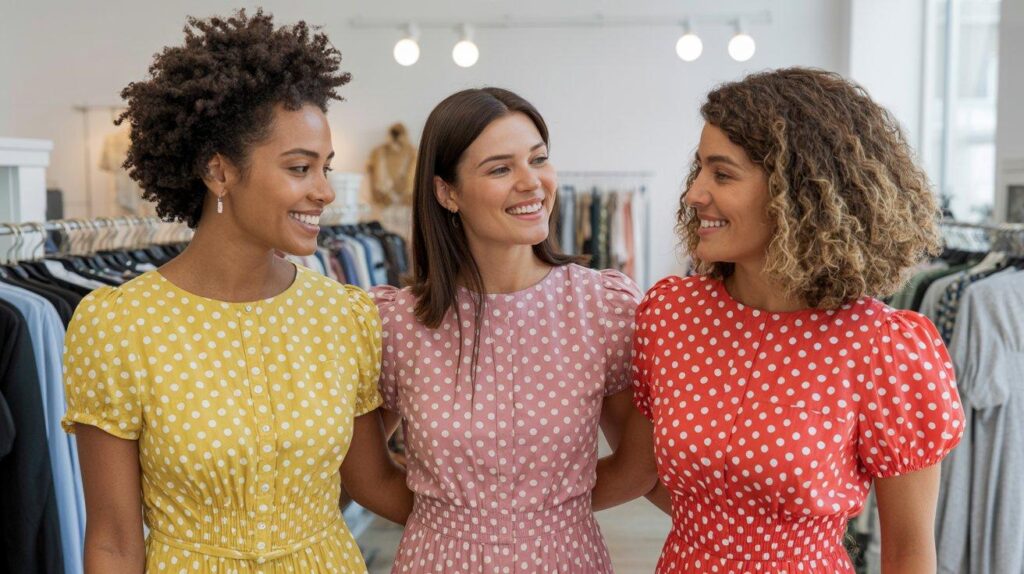 Three women in colorful polka dot dresses - yellow, pink, coral - in boutique setting