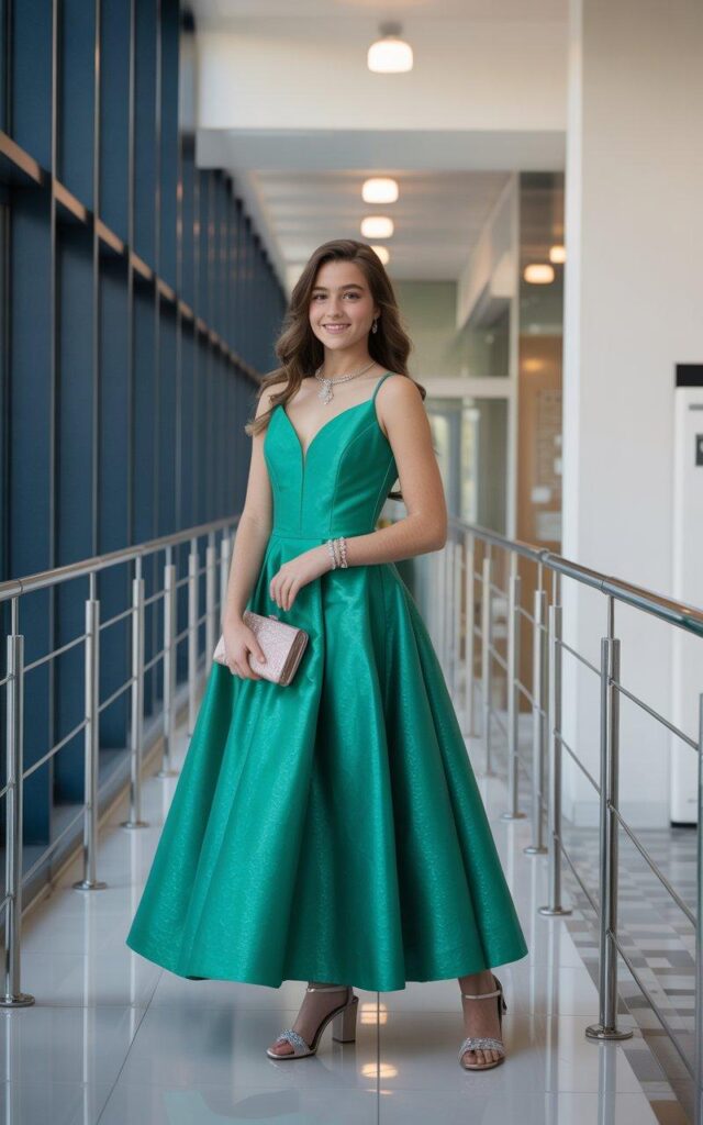 Complete prom look jewel tone dress block heels jewelry accessories coordinated outfit