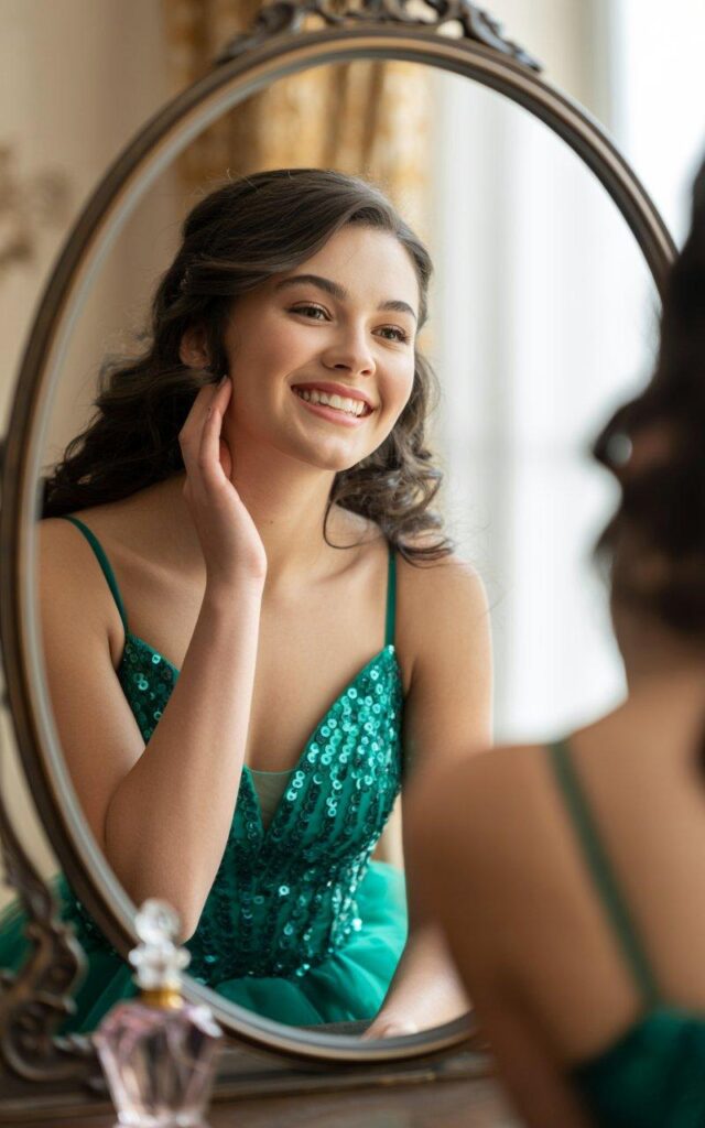 Confident teen girl prom dress mirror reflection genuine smile satisfaction 2026
