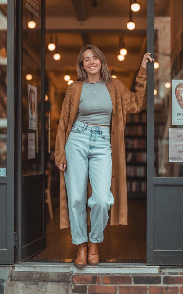 Cozy baggy jeans outfit with long cardigan and ankle boots in warm bookstore setting