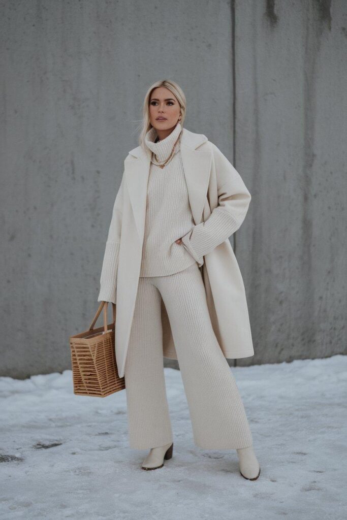 All-cream monochromatic winter outfit with sweater and pants