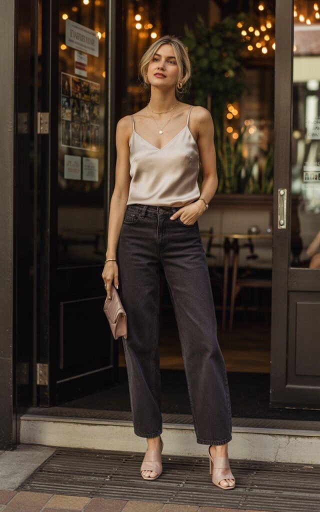 Elegant date night baggy jeans outfit with silk camisole and heeled mules in restaurant setting