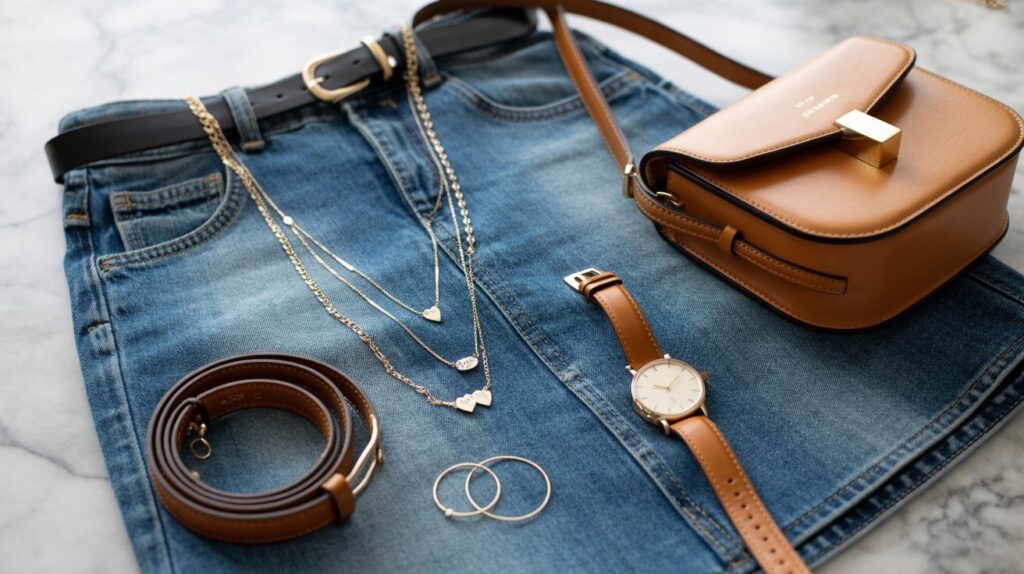 Denim skirt accessories flat lay with jewelry bags belts for complete outfit styling