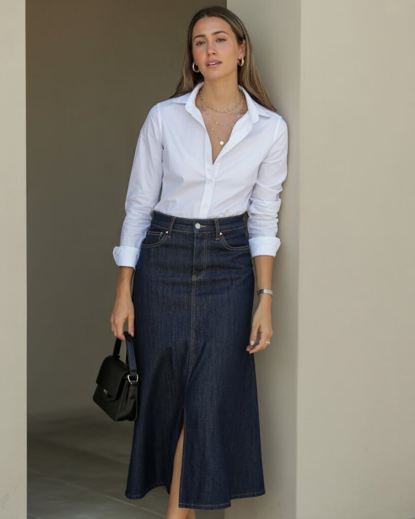 Dark denim skirt with white shirt showing neutral color coordination styling tips