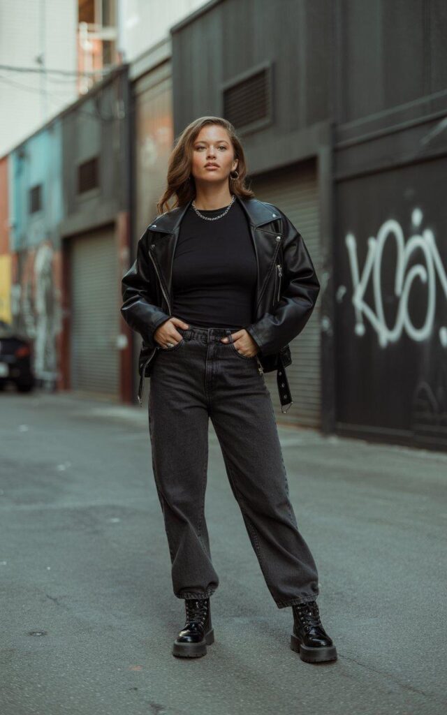 Edgy all-black baggy jeans outfit with leather jacket and combat boots in urban alley