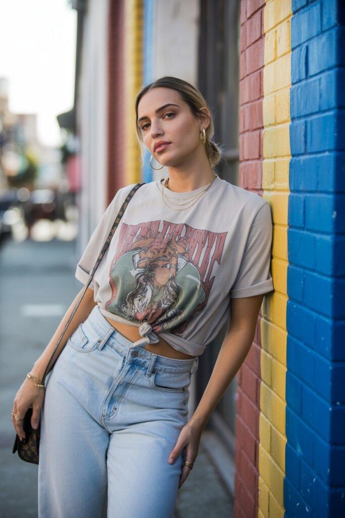 Trendy woman in graphic tee and high-waisted light wash jeans against brick wall