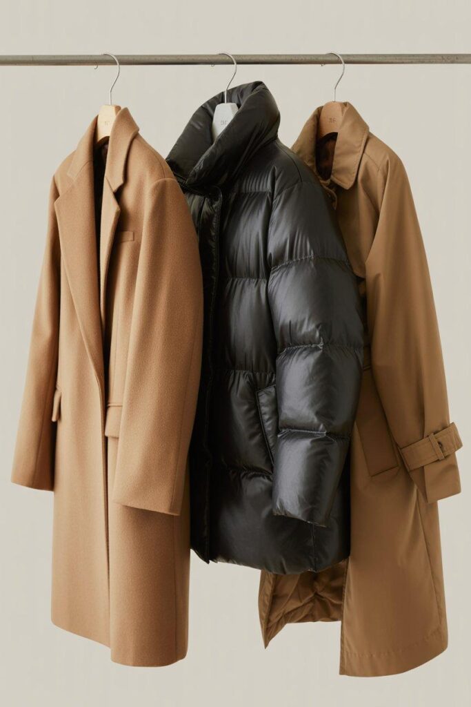 Three essential winter coats - wool coat, puffer jacket, and trench coat - showing investment wardrobe pieces
