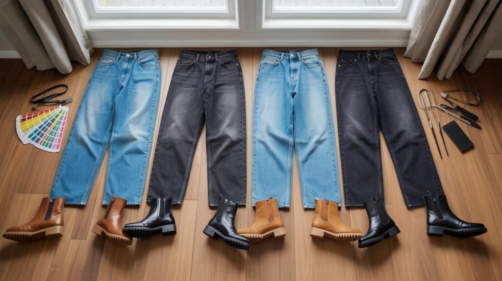 Jeans and boots color coordination flat lay showing four styling combinations