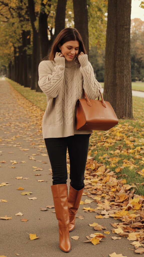 Fall outfit with knee-high brown boots and skinny jeans tucked in with cozy sweater