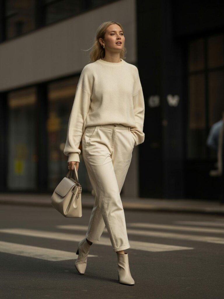 lazy-fall-outfit-monochrome-cream-sweater-trousers-aesthetic Monochrome cream lazy fall outfit aesthetic with sweater trousers and boots in city setting