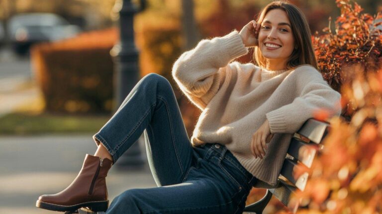Woman in cozy oversized sweater and jeans showcasing lazy fall outfit ideas in autumn park setting