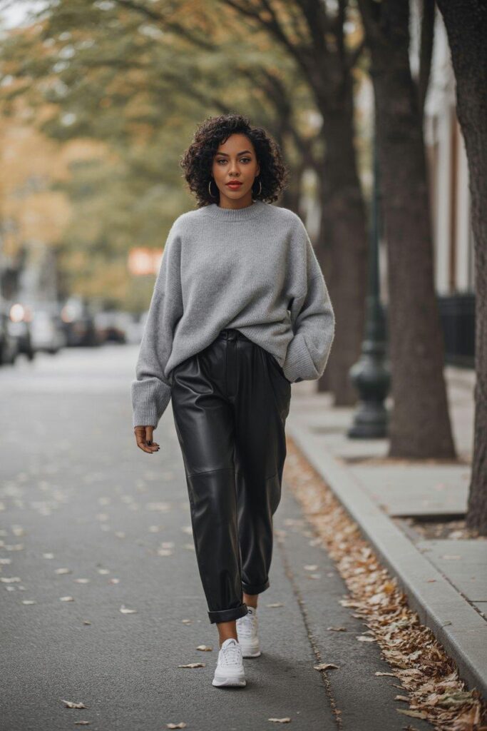 Black leather pants outfit with gray oversized sweater for trendy fall street style