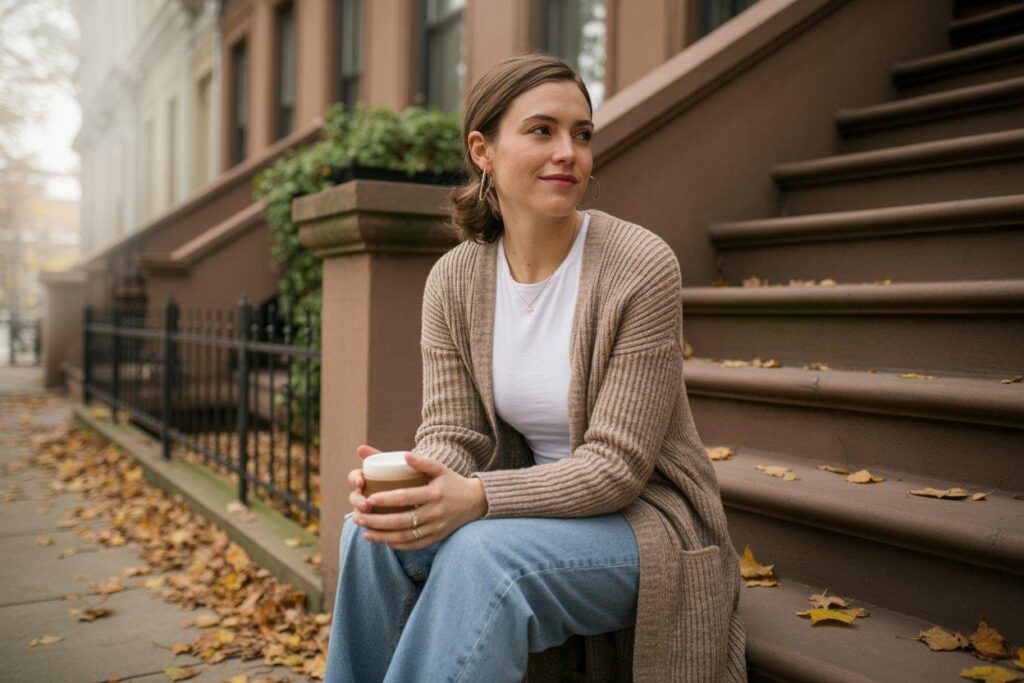 Woman in long beige cardigan and boyfriend jeans sitting on brownstone steps with fall leaves